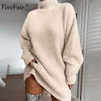 Forefair Oversized Knitted Dress Sweater Autumn 2019 Solid Long Sleeve Casual Elegant Mini Warm Winter Turtleneck Dress Women